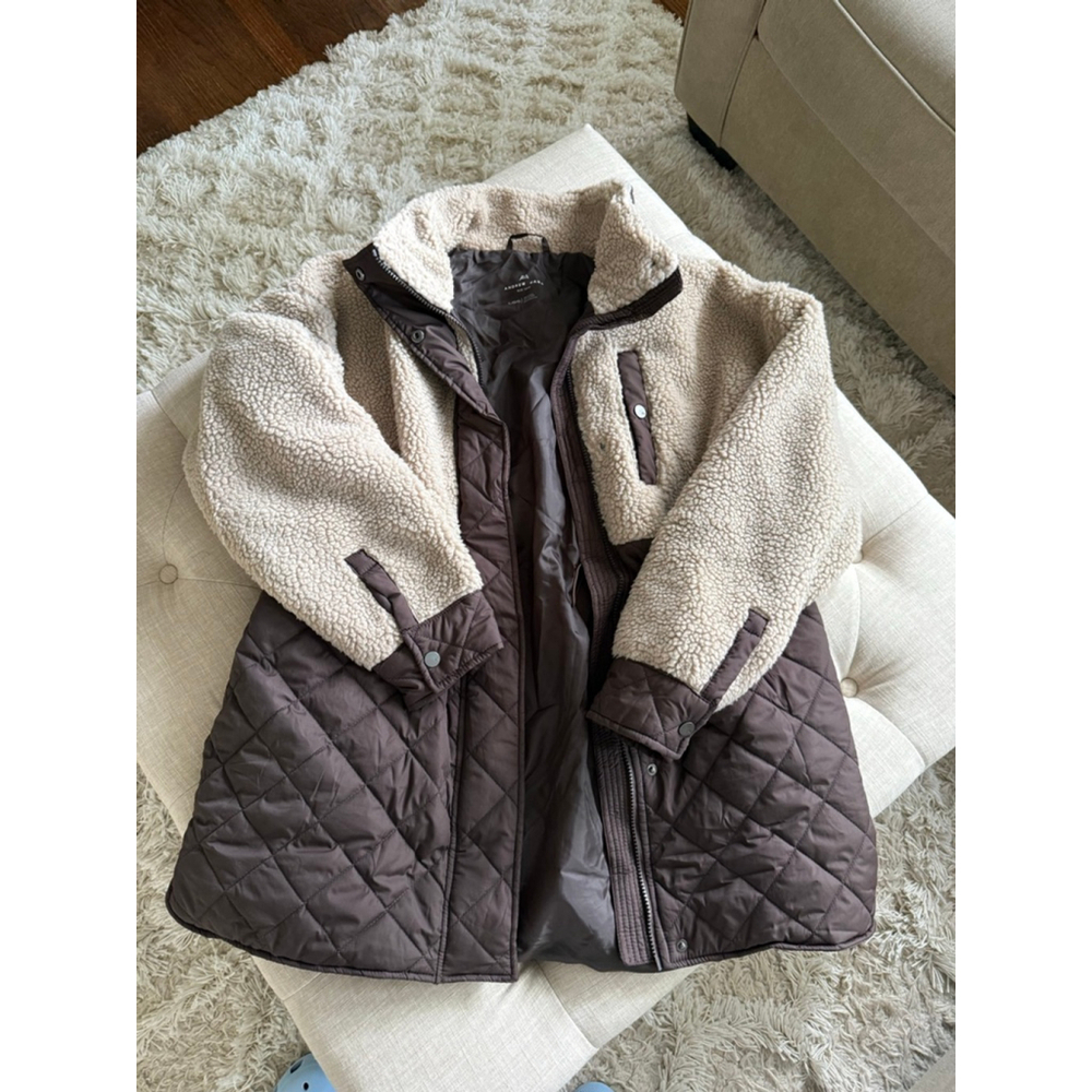 Women's Andrew Marc Teddy Quilted Jacket L Beige Brown